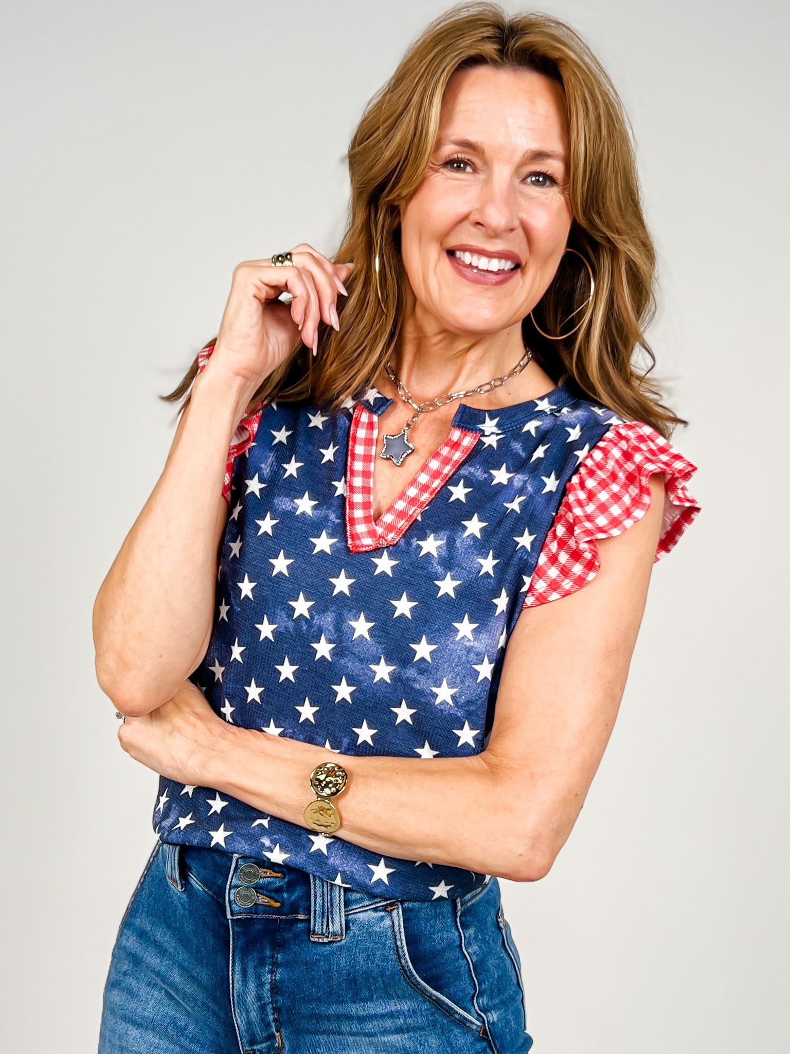 Red White Blue Star Print Top with Ruffle Gingham Sleeves