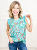 Sleeveless Tropical Print Mixed Media Ruffle Top