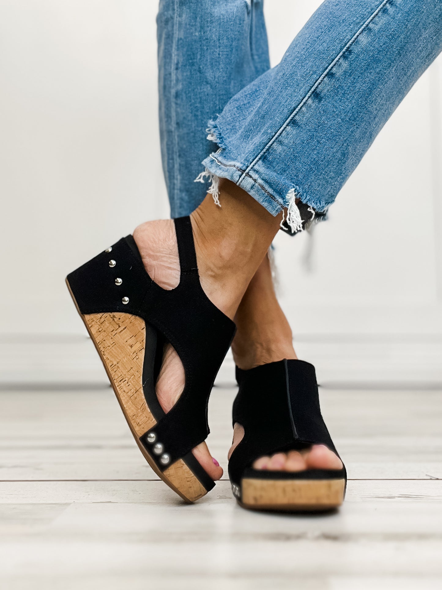 Corkys Carley Black Canvas Wedge Shoe