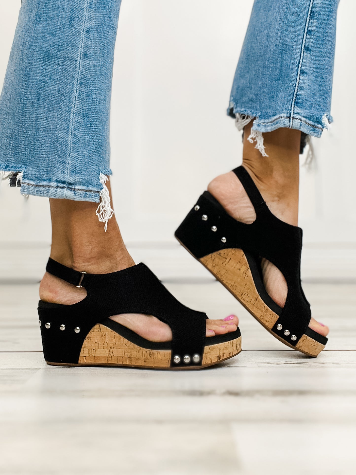 Corkys Carley Black Canvas Wedge Shoe