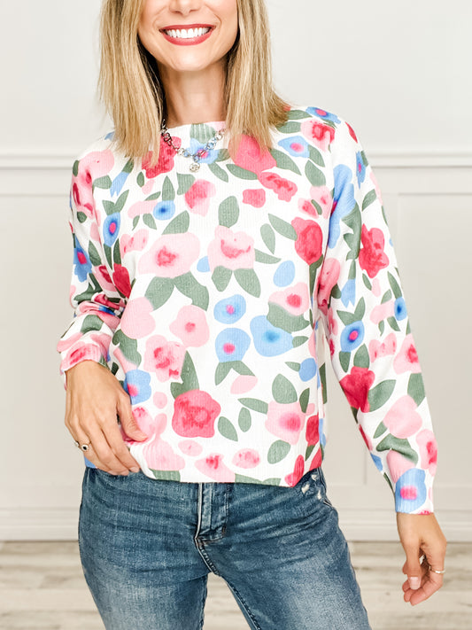 Long Sleeve Floral Print Midweight Sweater