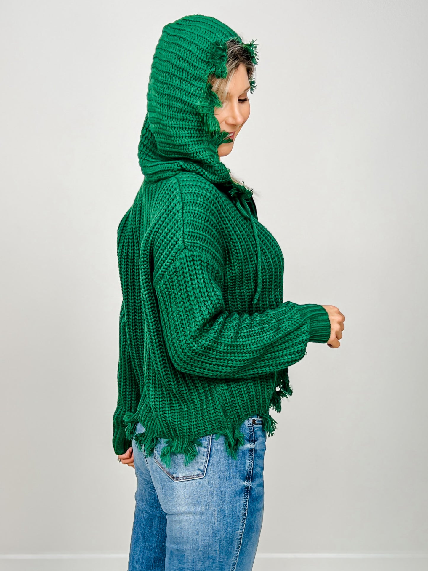 Zipper Front Hooded Knit Sweater Top