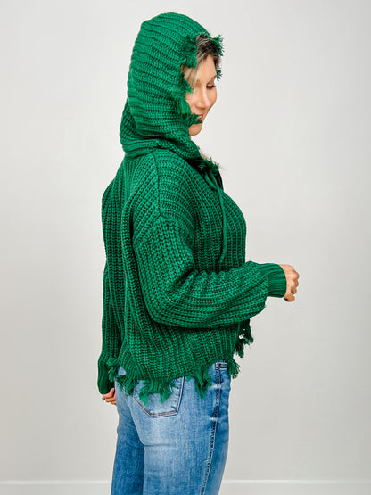 Zipper Front Hooded Knit Sweater Top