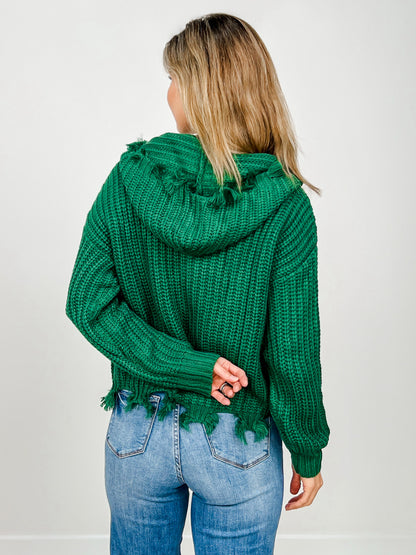 Zipper Front Hooded Knit Sweater Top