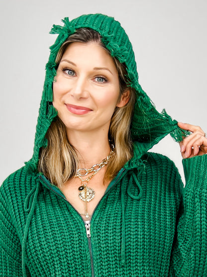 Zipper Front Hooded Knit Sweater Top