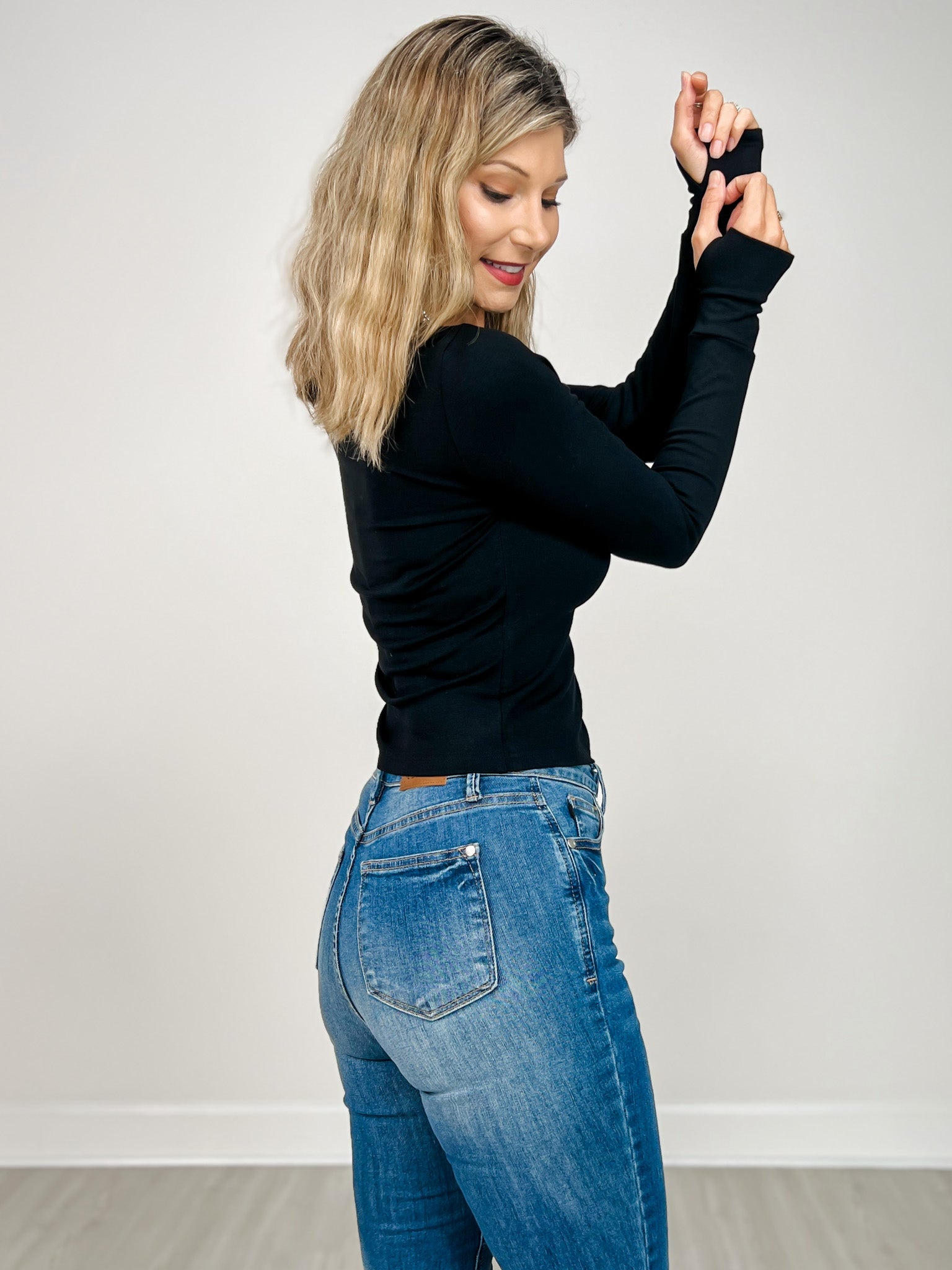 Long Sleeve Solid Knit Top with Mesh Yoke Neckline