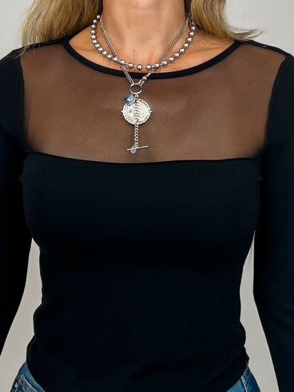 Long Sleeve Solid Knit Top with Mesh Yoke Neckline