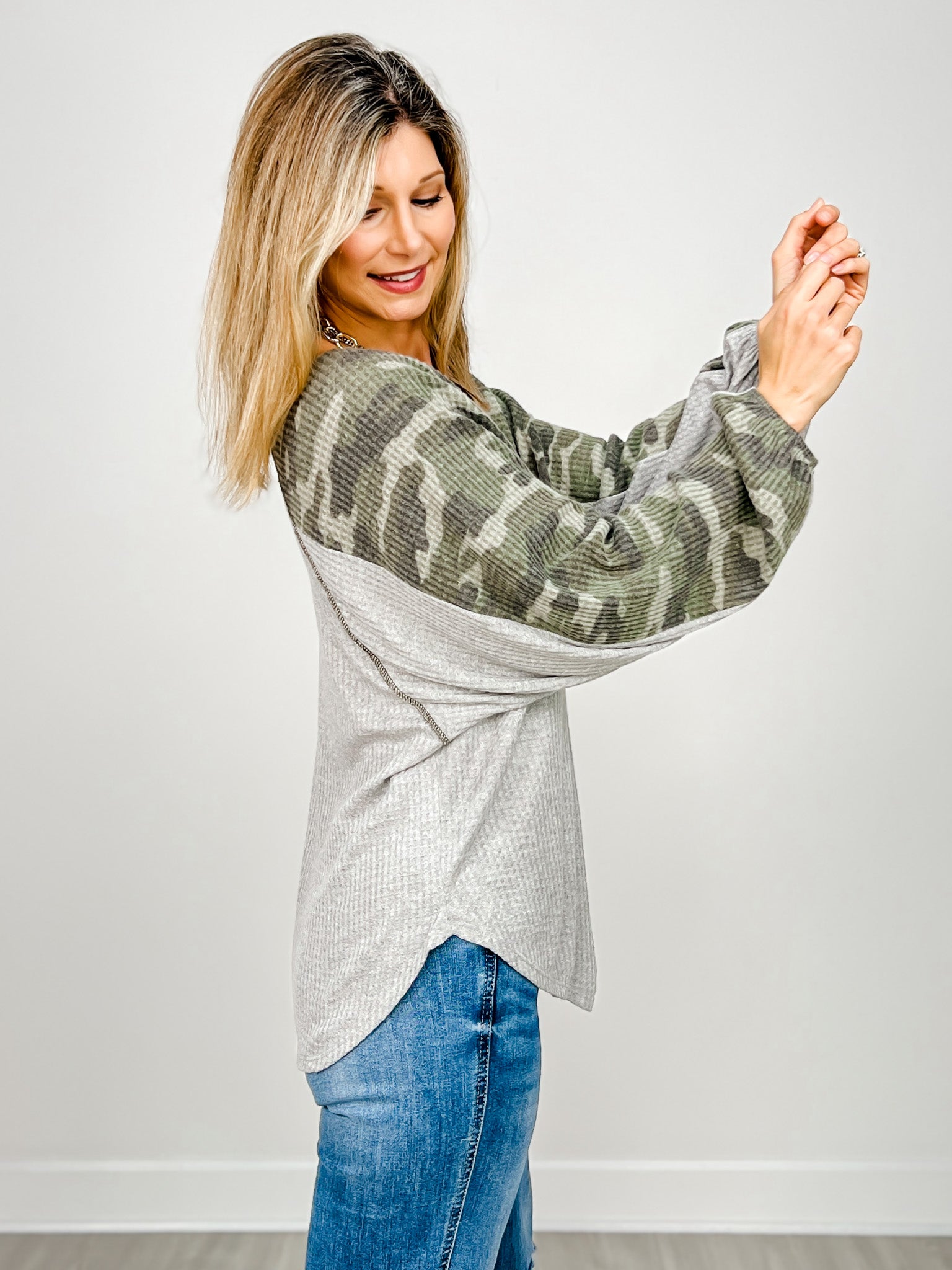 Oversized V-Neck Waffle Top with Camo Sleeves and Round Hem