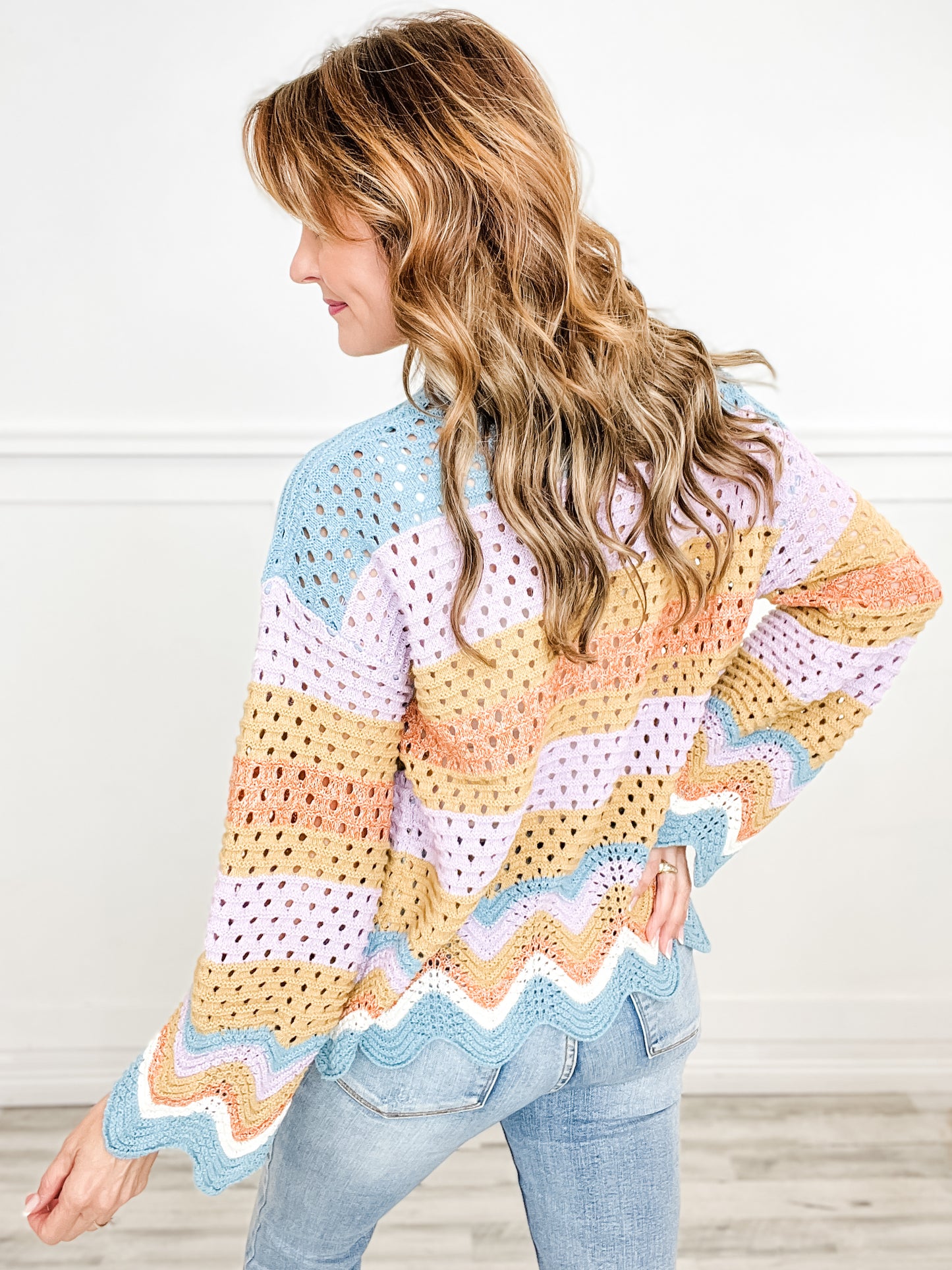 Long Sleeve Crochet Wavy Sweater Top