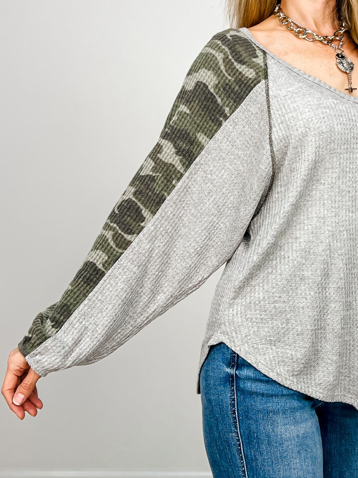 Oversized V-Neck Waffle Top with Camo Sleeves and Round Hem