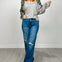 Oversized V-Neck Waffle Top with Camo Sleeves and Round Hem