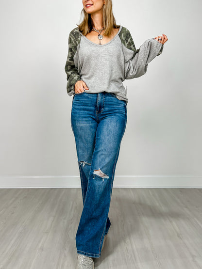 Oversized V-Neck Waffle Top with Camo Sleeves and Round Hem