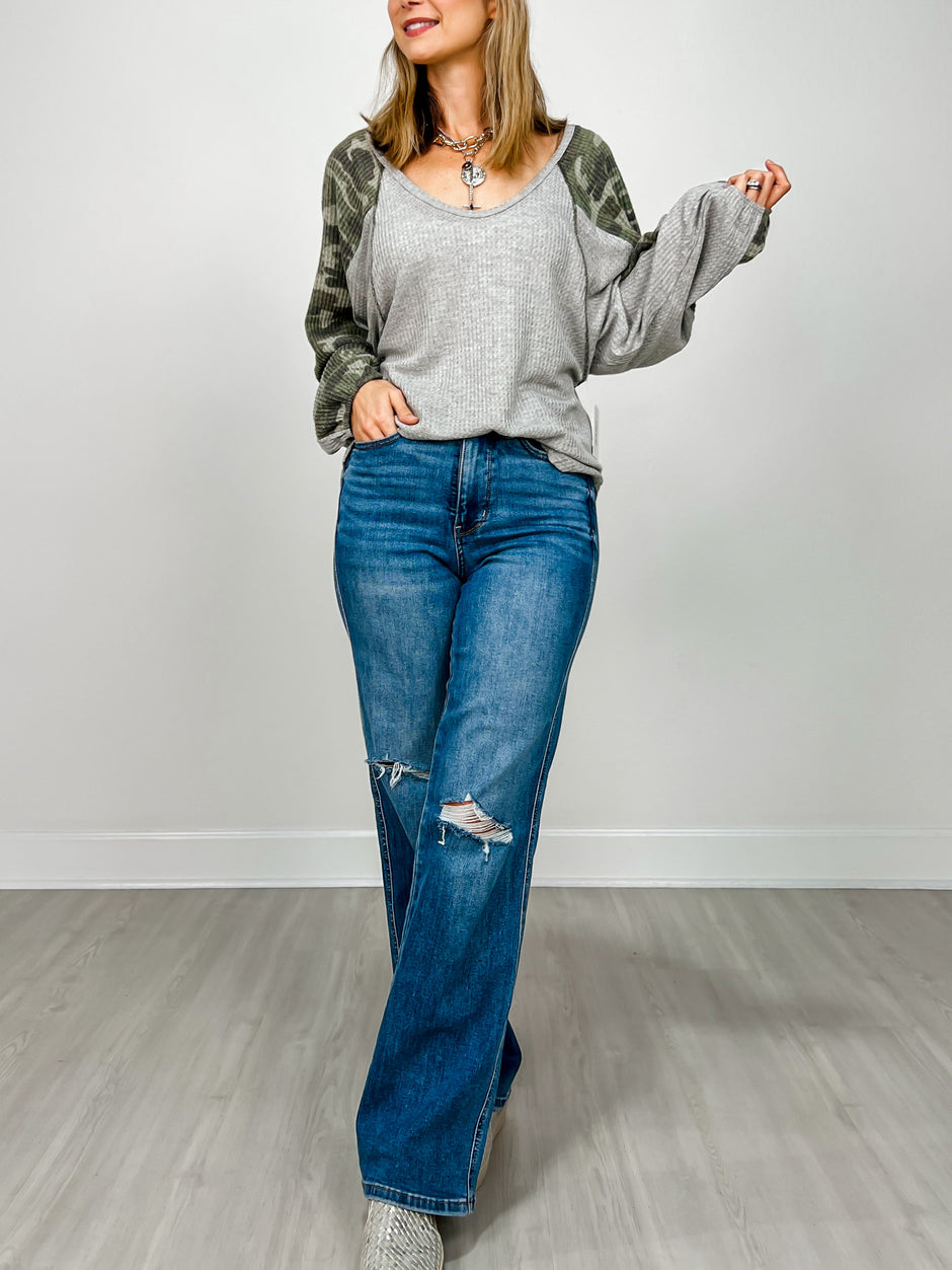 Oversized V-Neck Waffle Top with Camo Sleeves and Round Hem