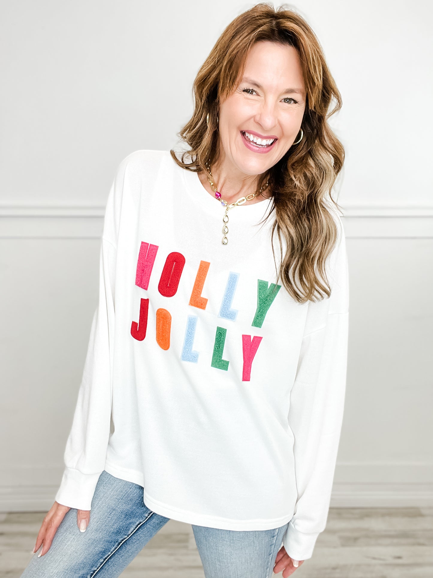 Holly Jolly Applique Letter French Terry Pullover Top