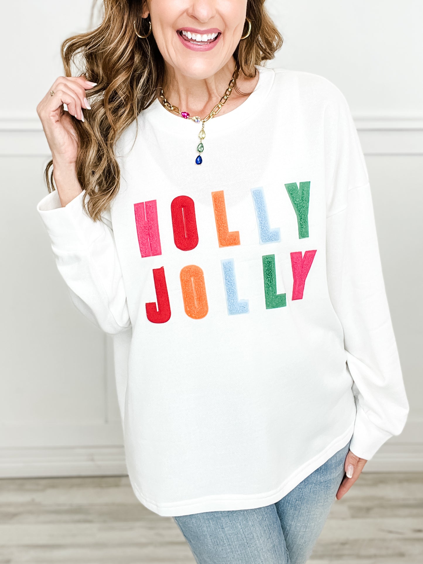 Holly Jolly Applique Letter French Terry Pullover Top