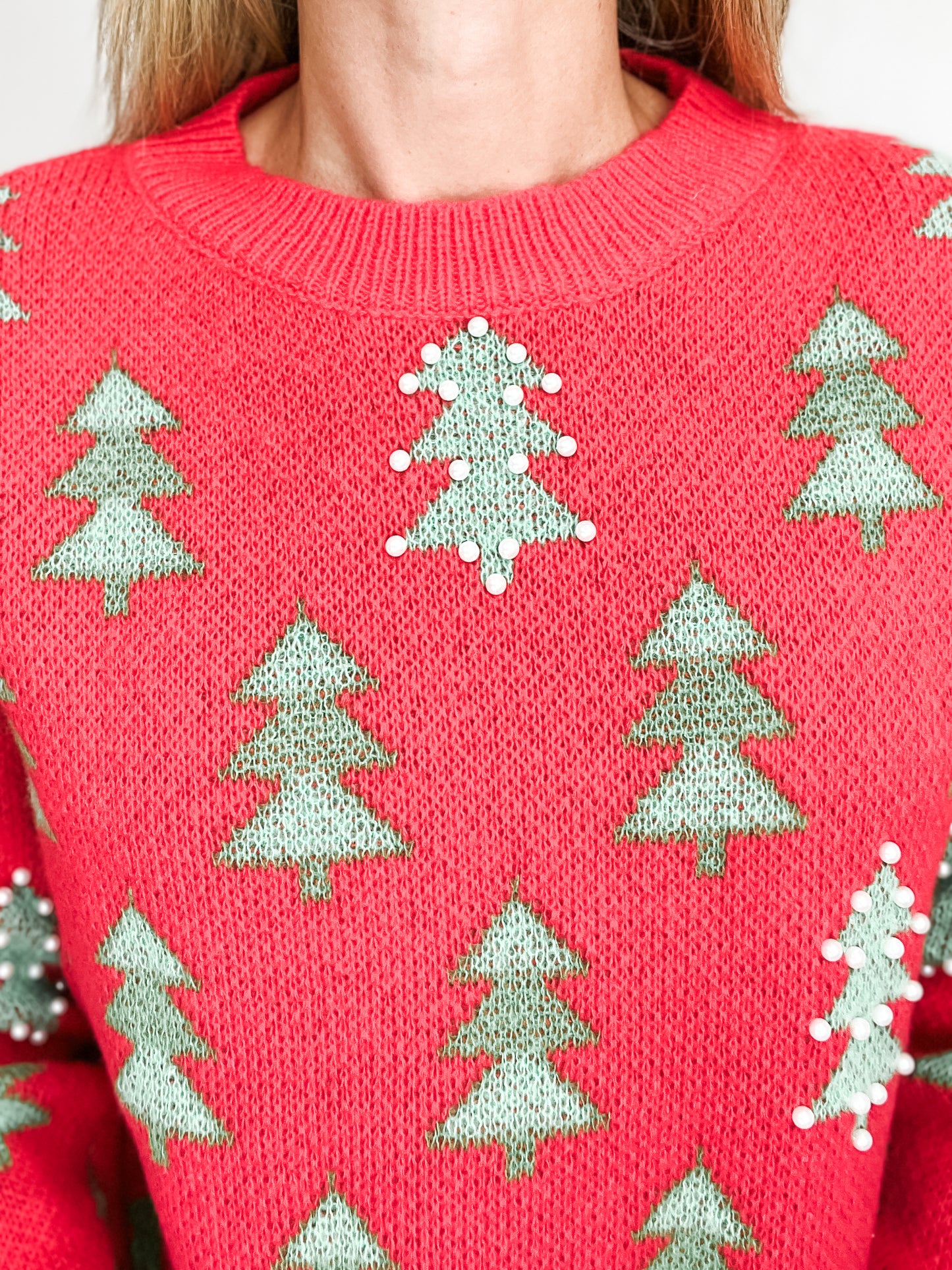 Pearl Bead Tree Pattern Christmas Sweater Top