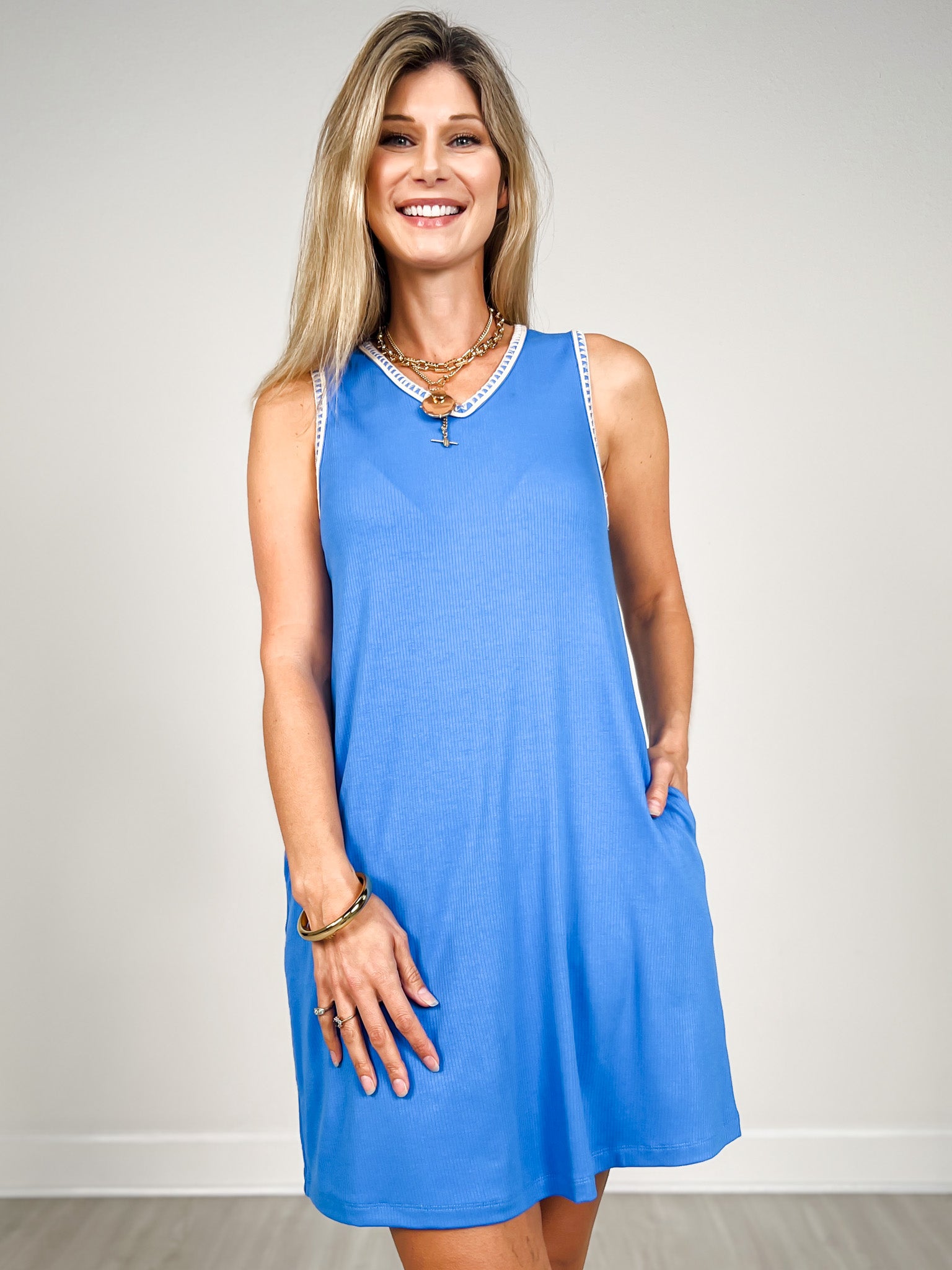 Airloom Sleeveless Dress with V-Neckline in Ocean Blue