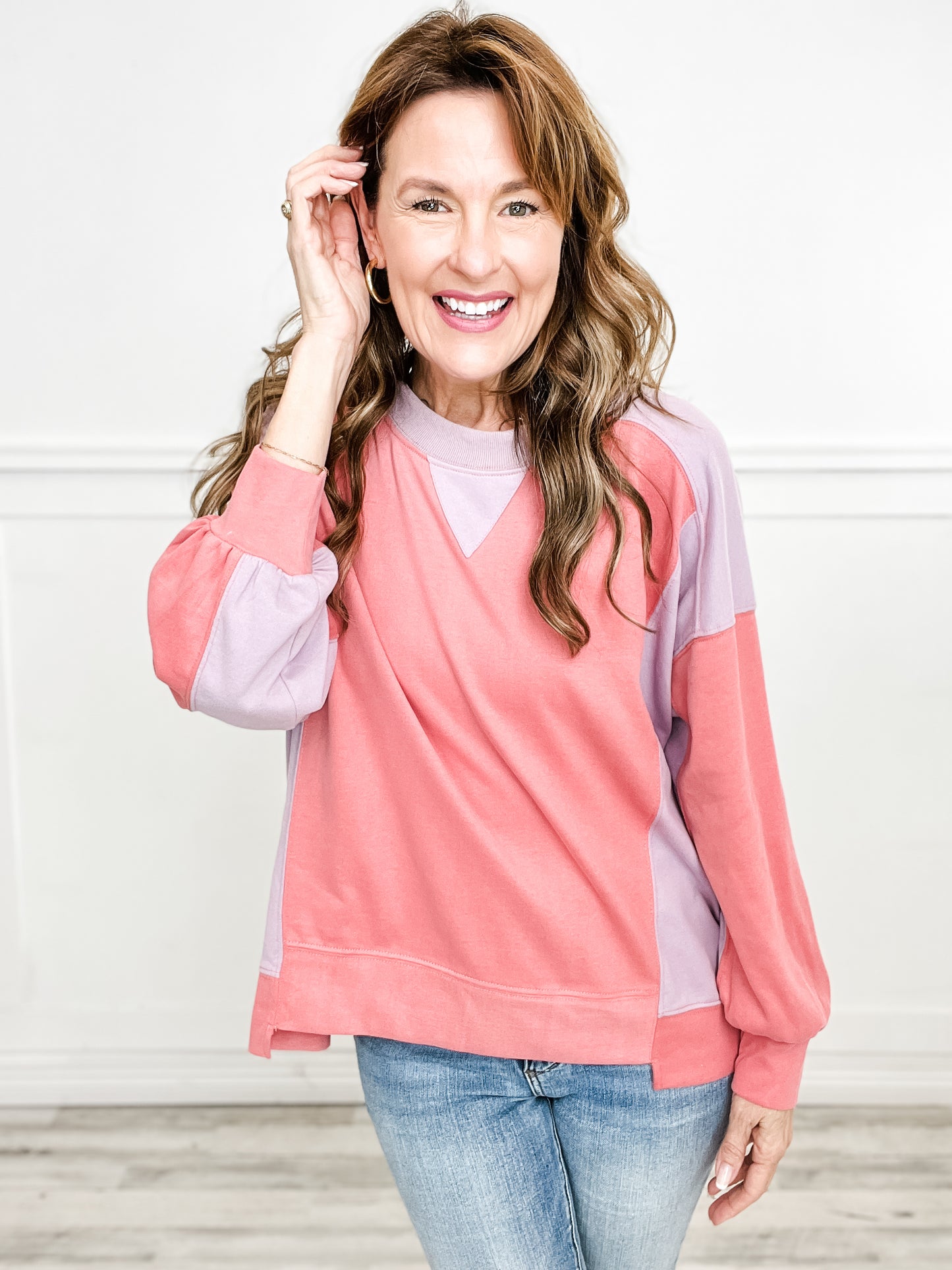 French Terry Color Block Long Sleeve Pull Over Top