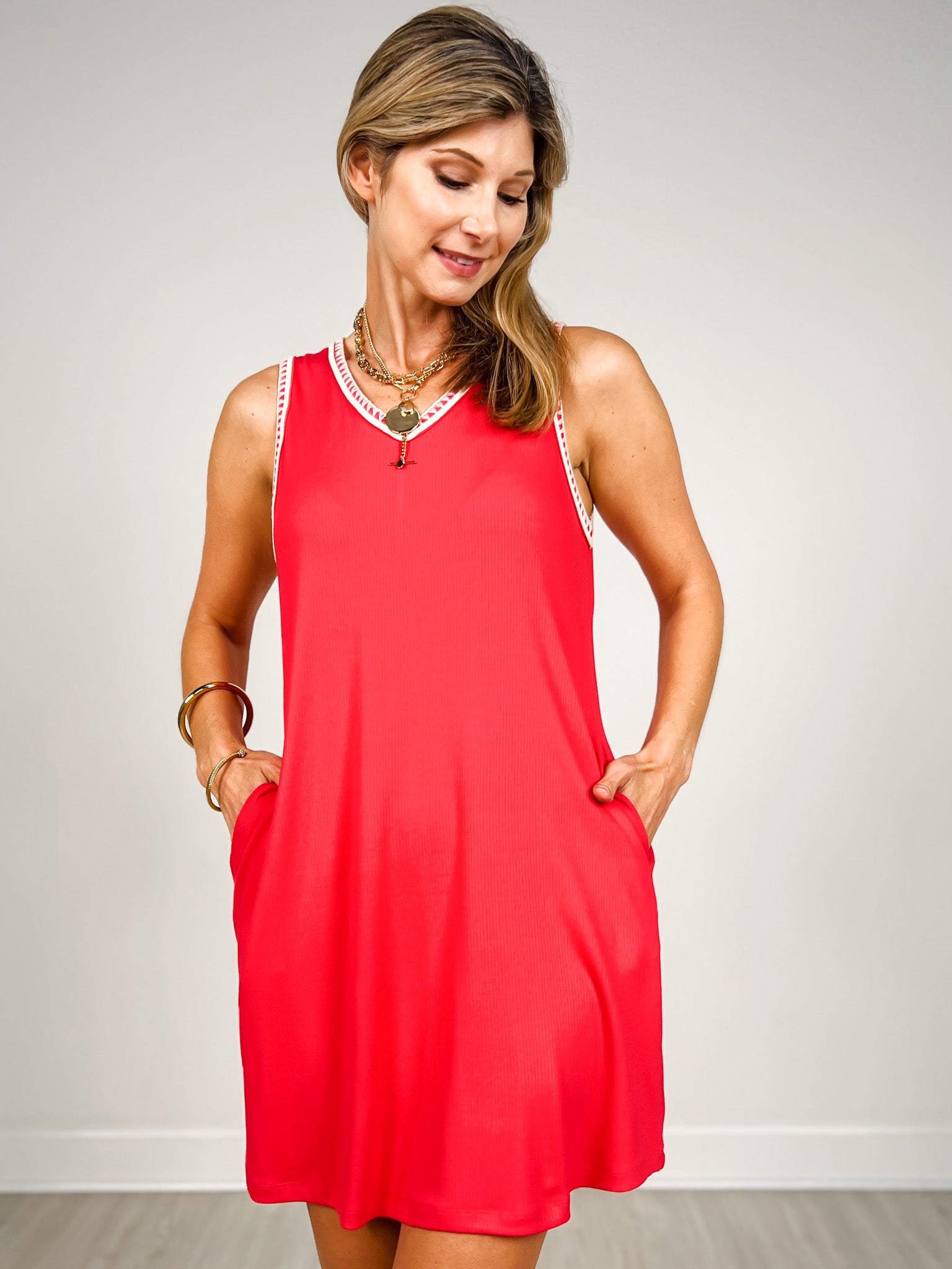 Airloom Sleeveless Dress with V-Neckline in RED