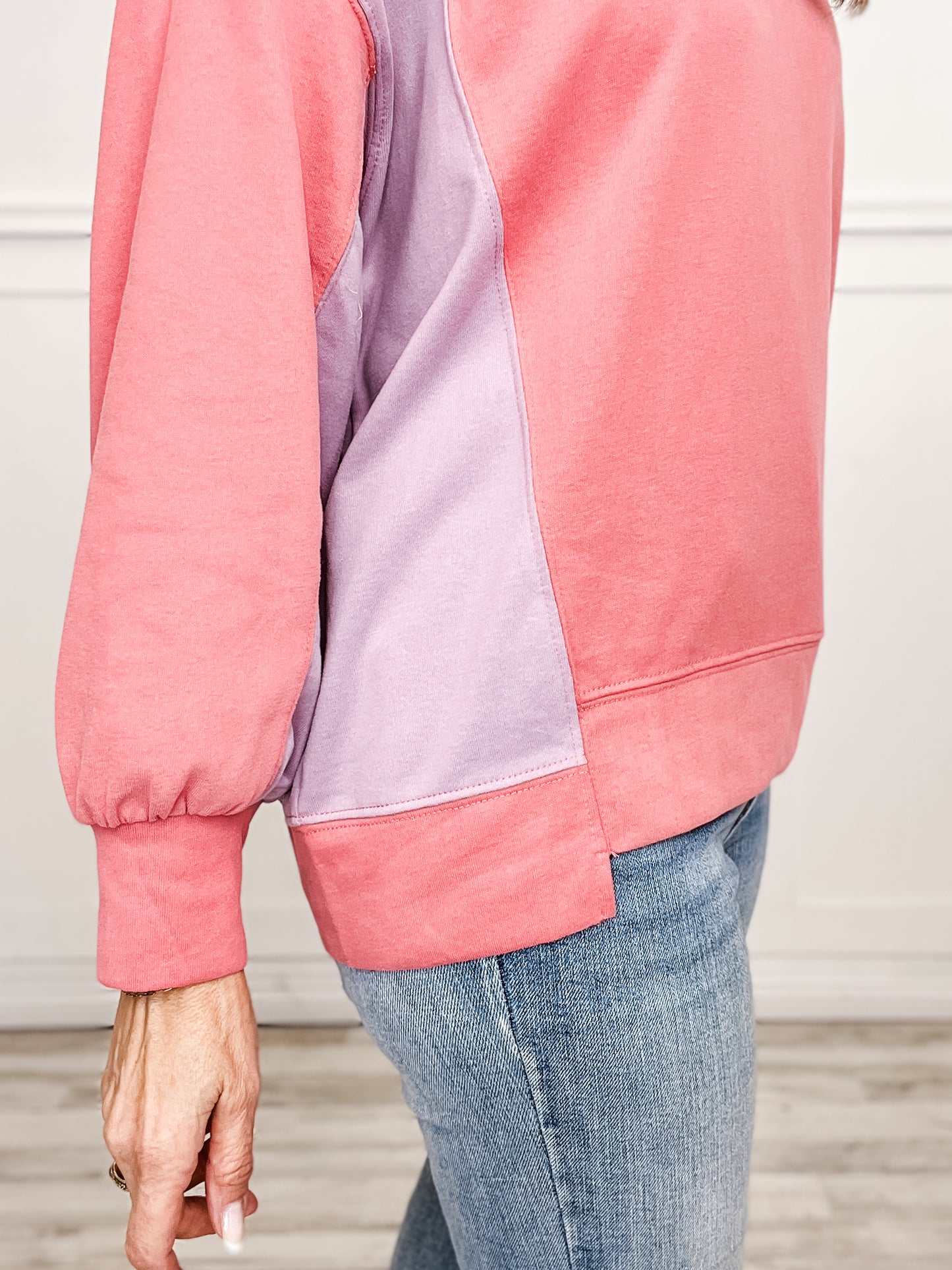 French Terry Color Block Long Sleeve Pull Over Top