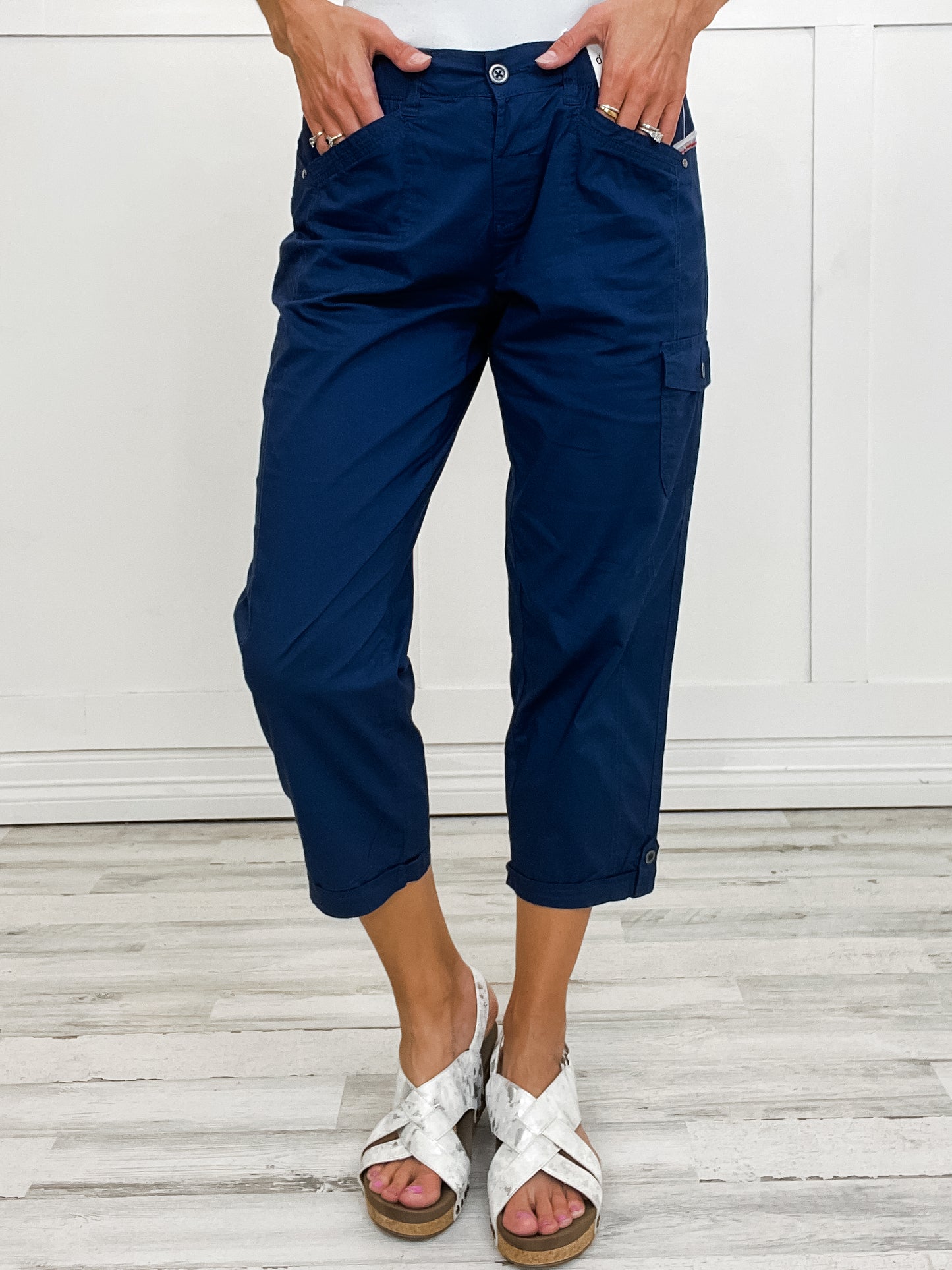 Comfee Flex Elastic Waist Cargo Pocket Adjustable Leg Roll Pants in Navy