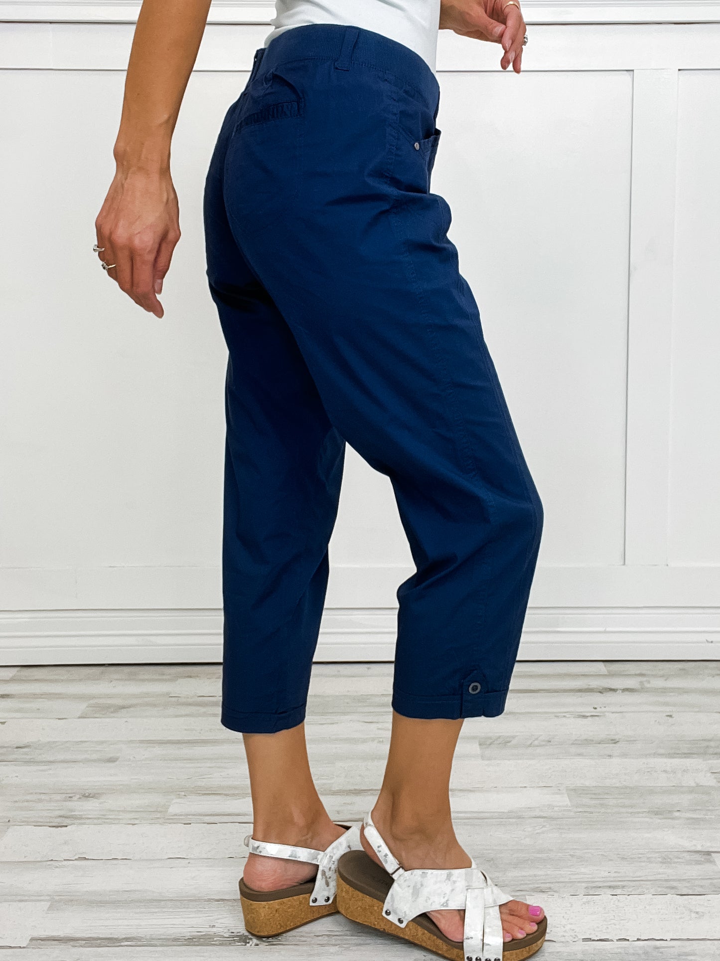 Comfee Flex Elastic Waist Cargo Pocket Adjustable Leg Roll Pants in Navy