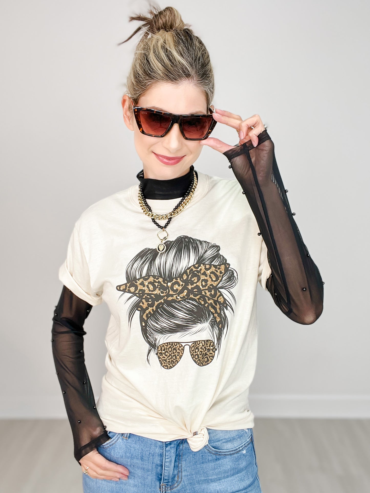 Mock Neck Mesh Top with Pearl Detail - GRP A