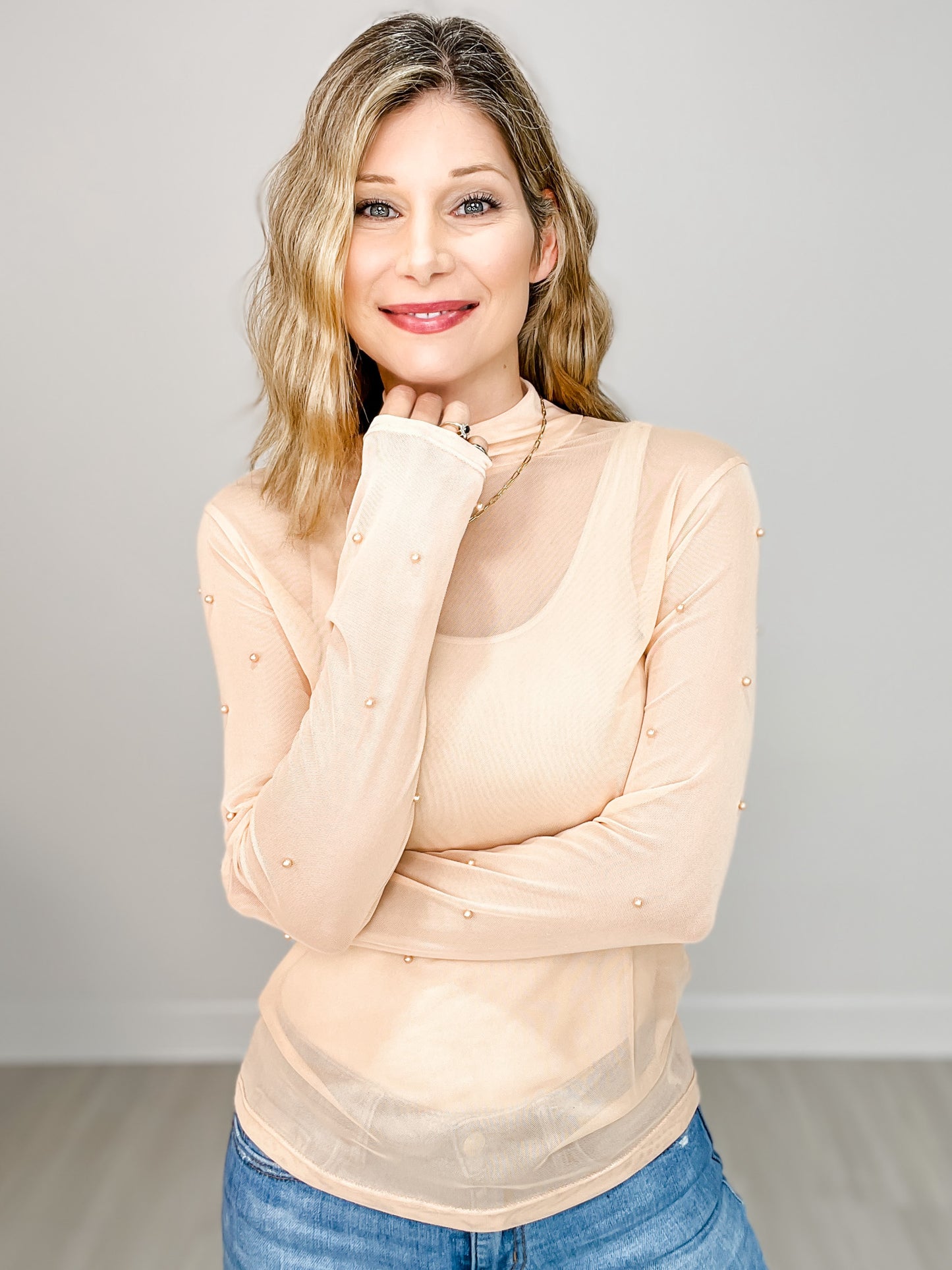 Mock Neck Mesh Top with Pearl Detail - GRP A