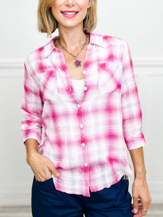 3/4 Length Sleeve Button Down with Collar Chambray Plaid Top