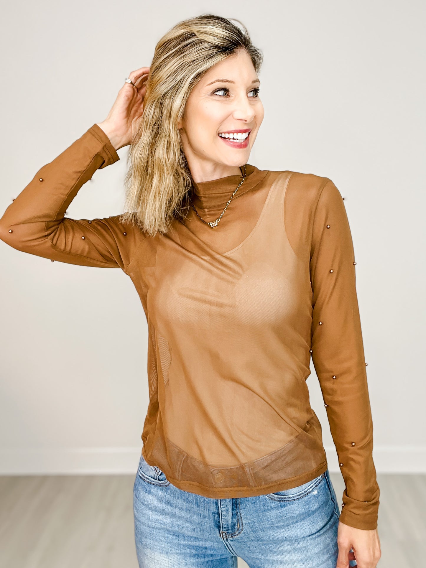 Mock Neck Mesh Top with Pearl Detail - GRP A