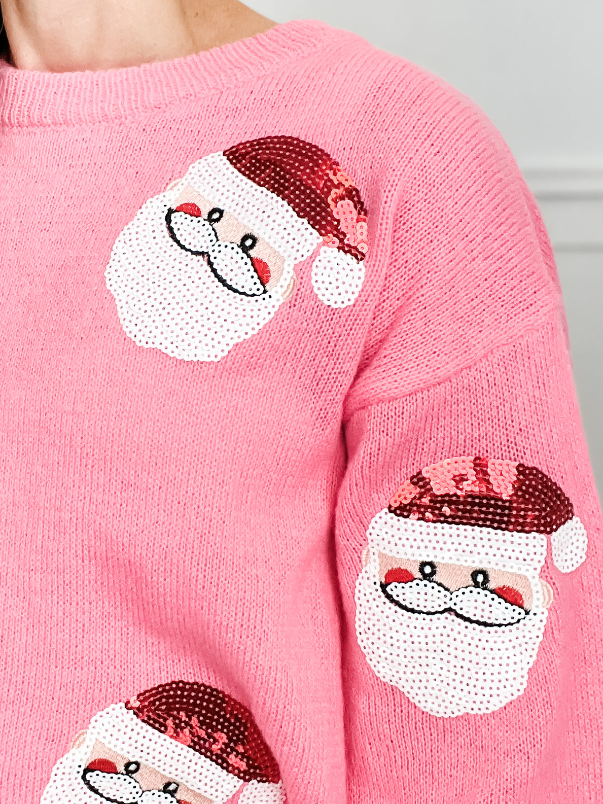 Balloon Sleeve Sequin Santa Patches Christmas Sweater