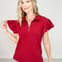 Quarter Zip Top with Collar and Flutter Sleeves