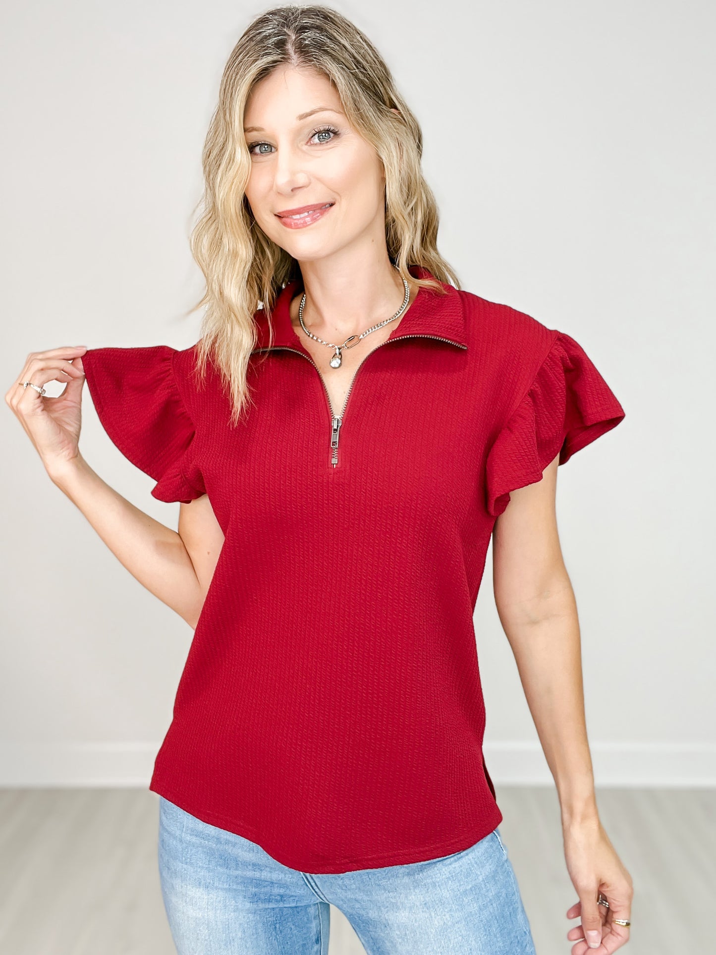 Quarter Zip Top with Collar and Flutter Sleeves