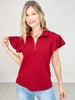 Quarter Zip Top with Collar and Flutter Sleeves