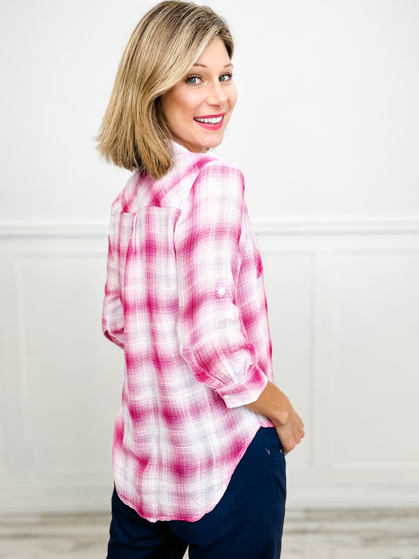 3/4 Length Sleeve Button Down with Collar Chambray Plaid Top