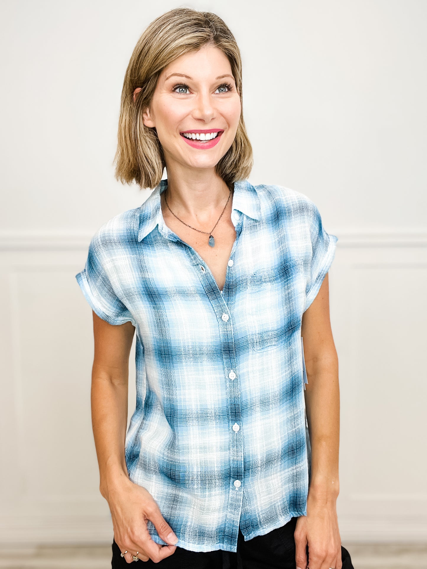 Short Sleeve Button Down with Collar Chambray Plaid Top