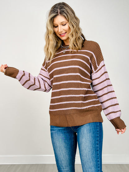 Loose Fit Long Sleeve Round Neck Striped Sweater
