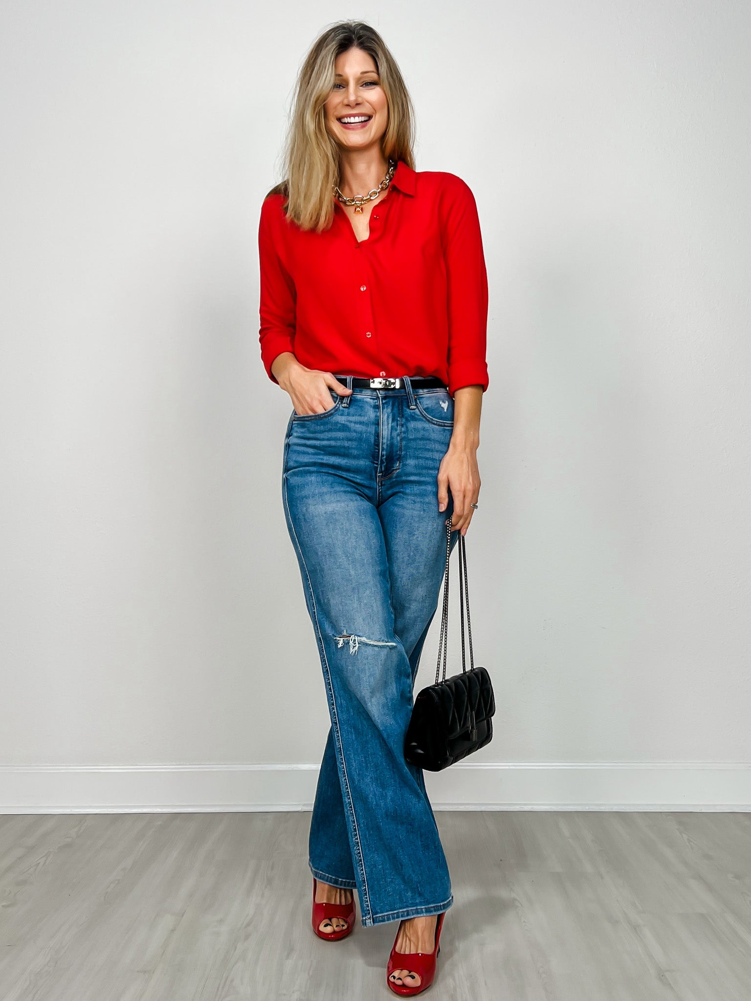 Relaxed Fit Button Up Collared Top