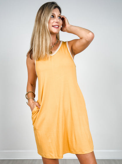 Airloom Sleeveless Dress with V-Neckline in Marigold