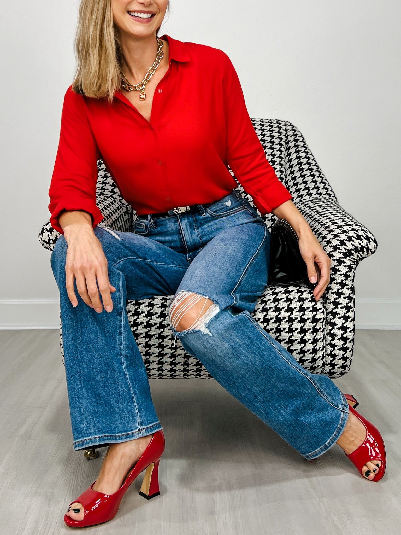 Relaxed Fit Button Up Collared Top