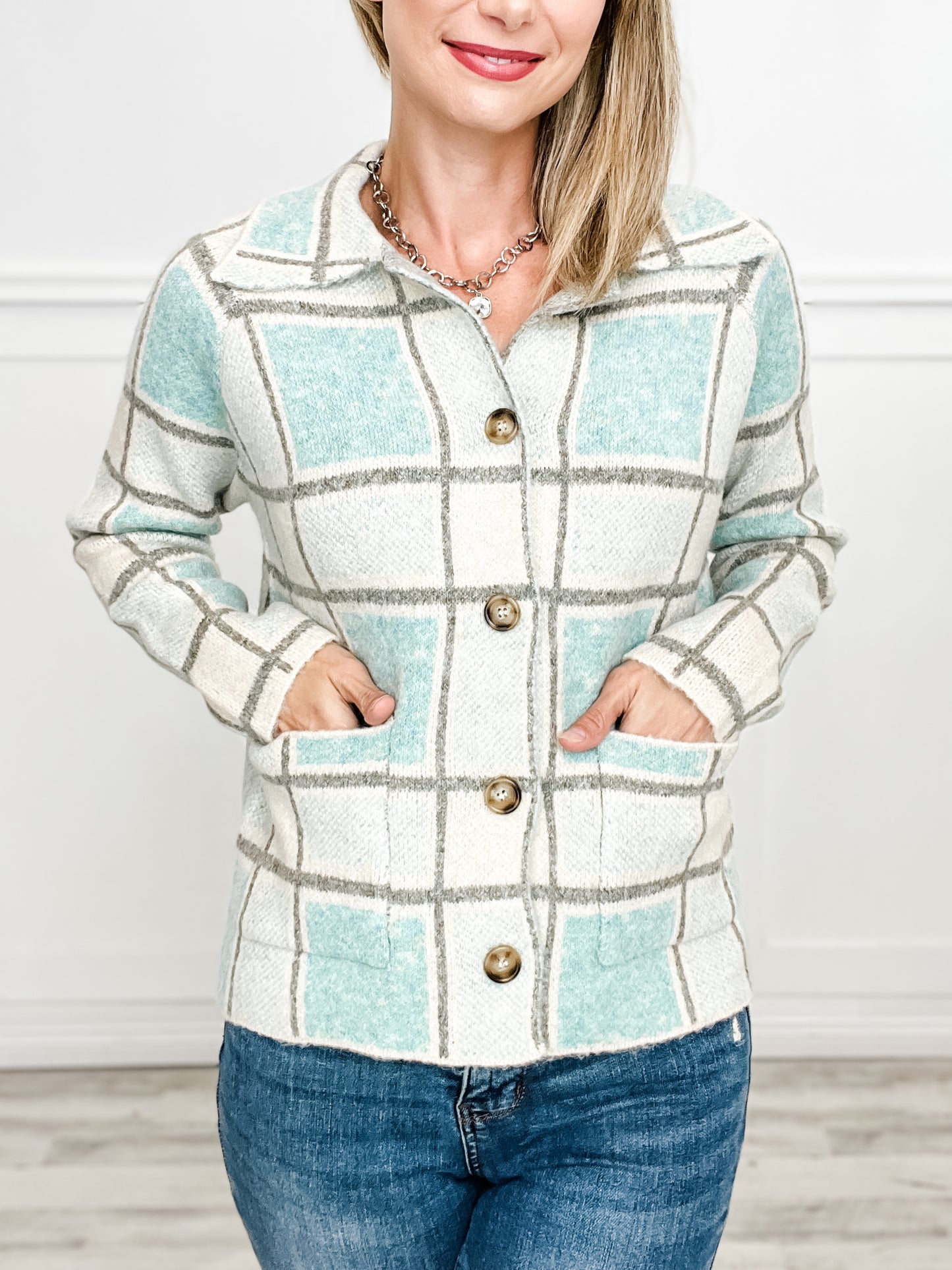 Collared Check Jacquard Button Down Sweater Jacket