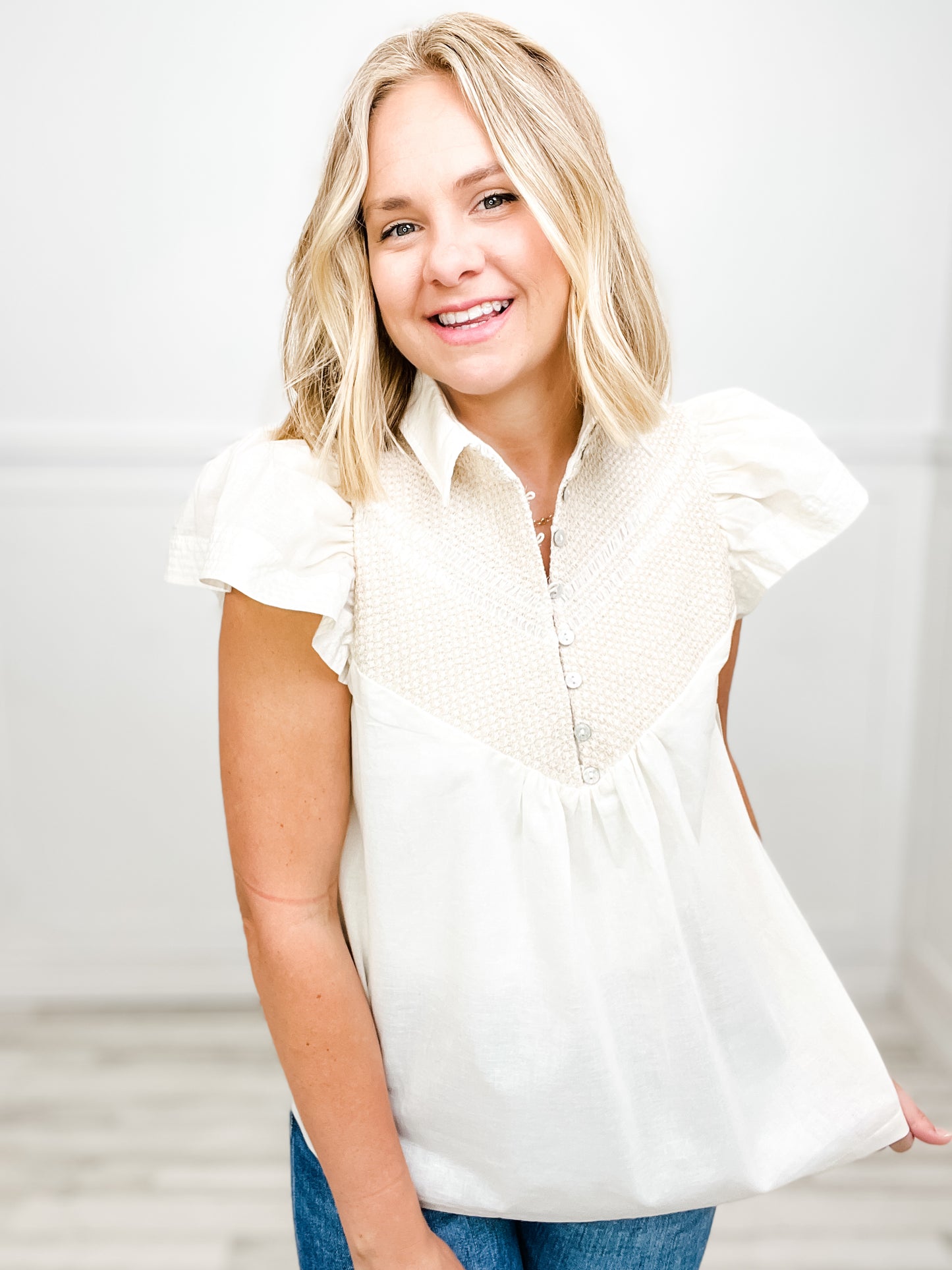 Woven Collared Top with Front Button Neckline and Puff Sleeves