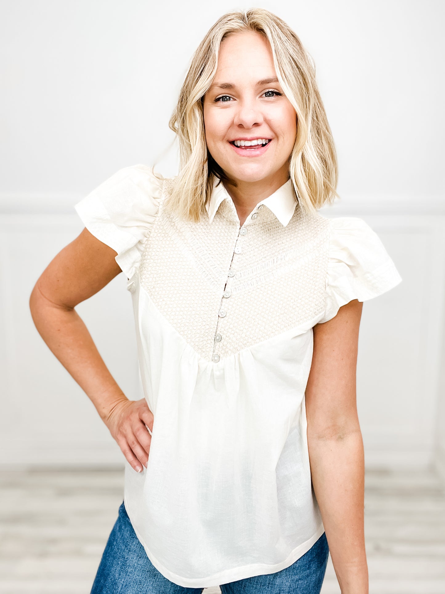 Woven Collared Top with Front Button Neckline and Puff Sleeves