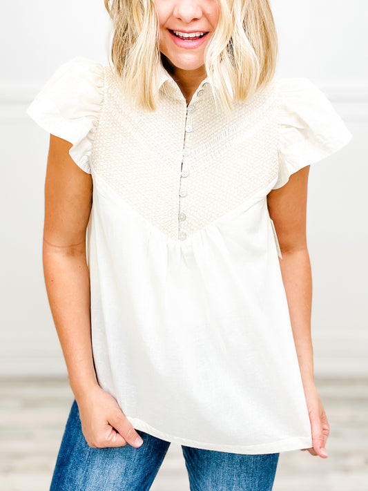 Woven Collared Top with Front Button Neckline and Puff Sleeves