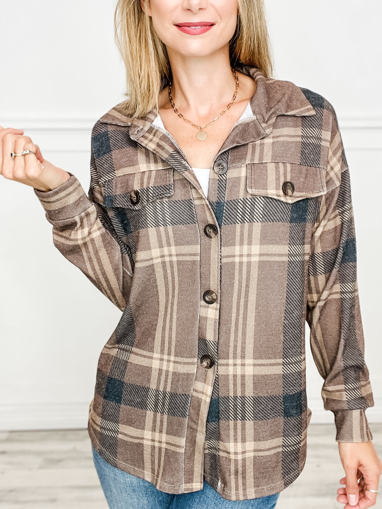 Long Sleeve Checkered Knit Button Down Shacket