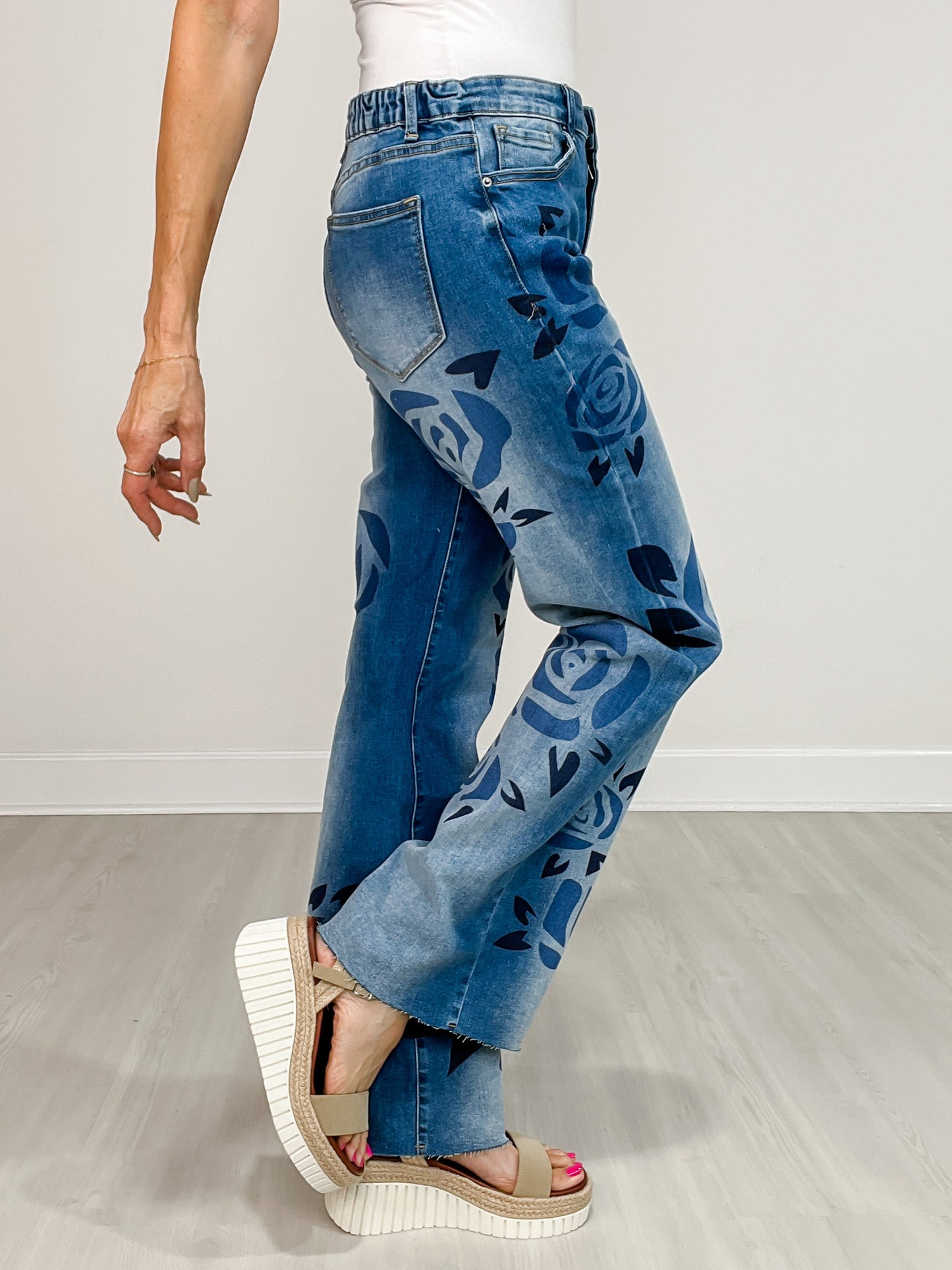 Washed Rose Print Medium Wash Denim Jeans