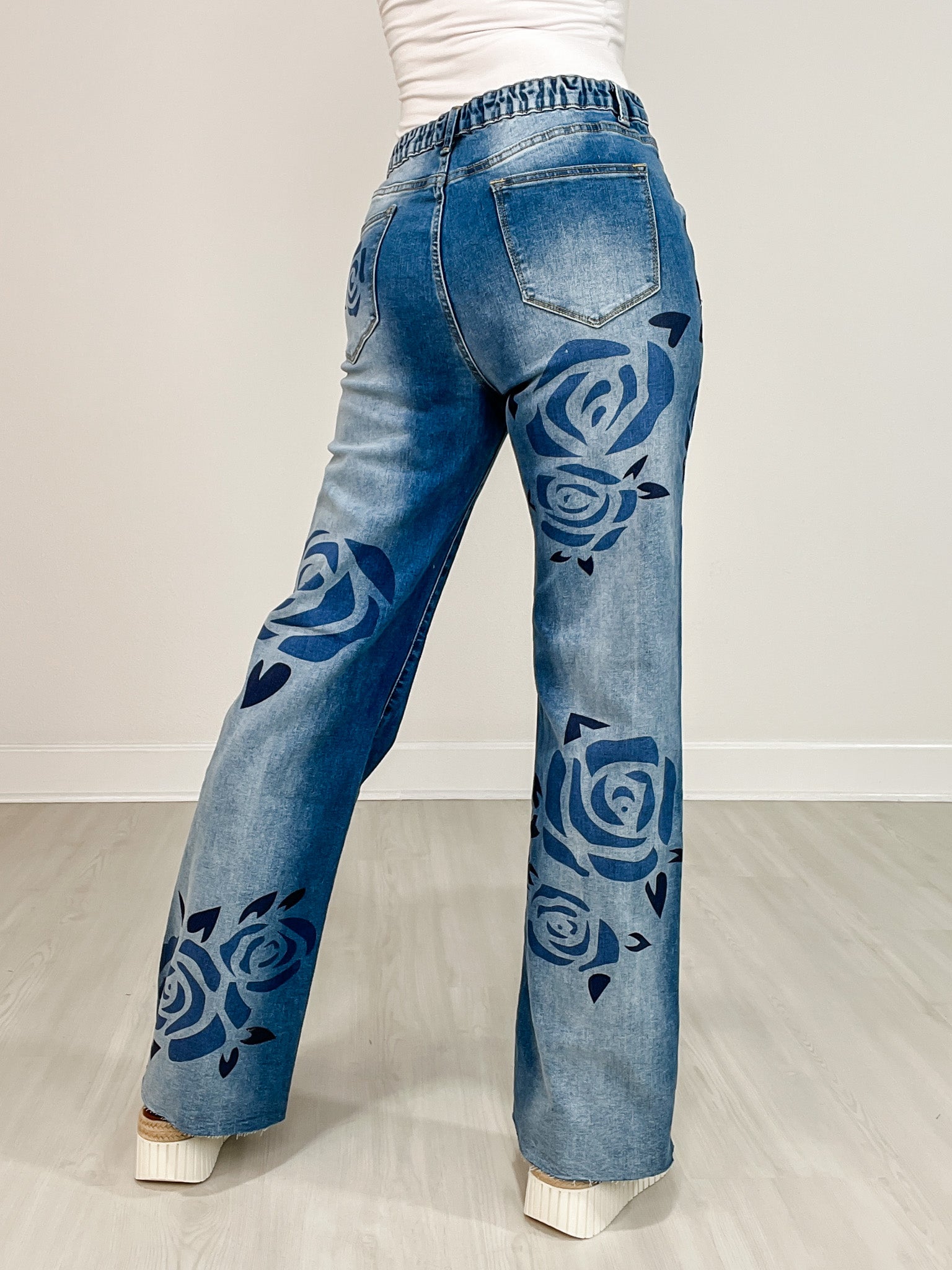 Washed Rose Print Medium Wash Denim Jeans