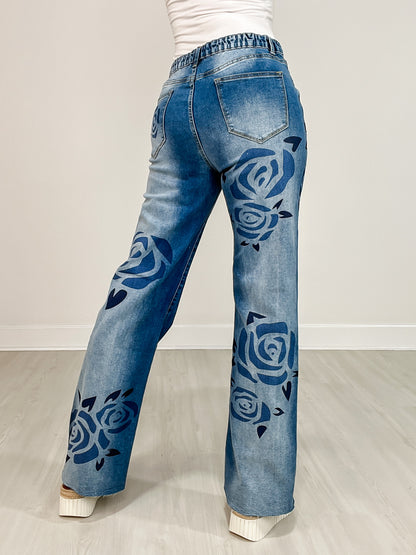 Washed Rose Print Medium Wash Denim Jeans