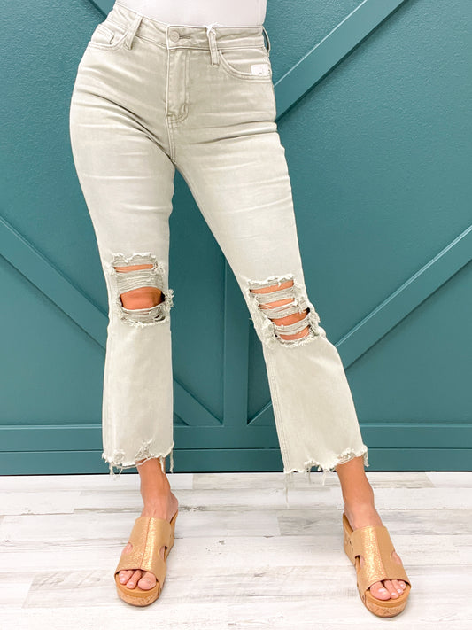 Vervet High Rise Cropped Flare Jeans in Moss Green