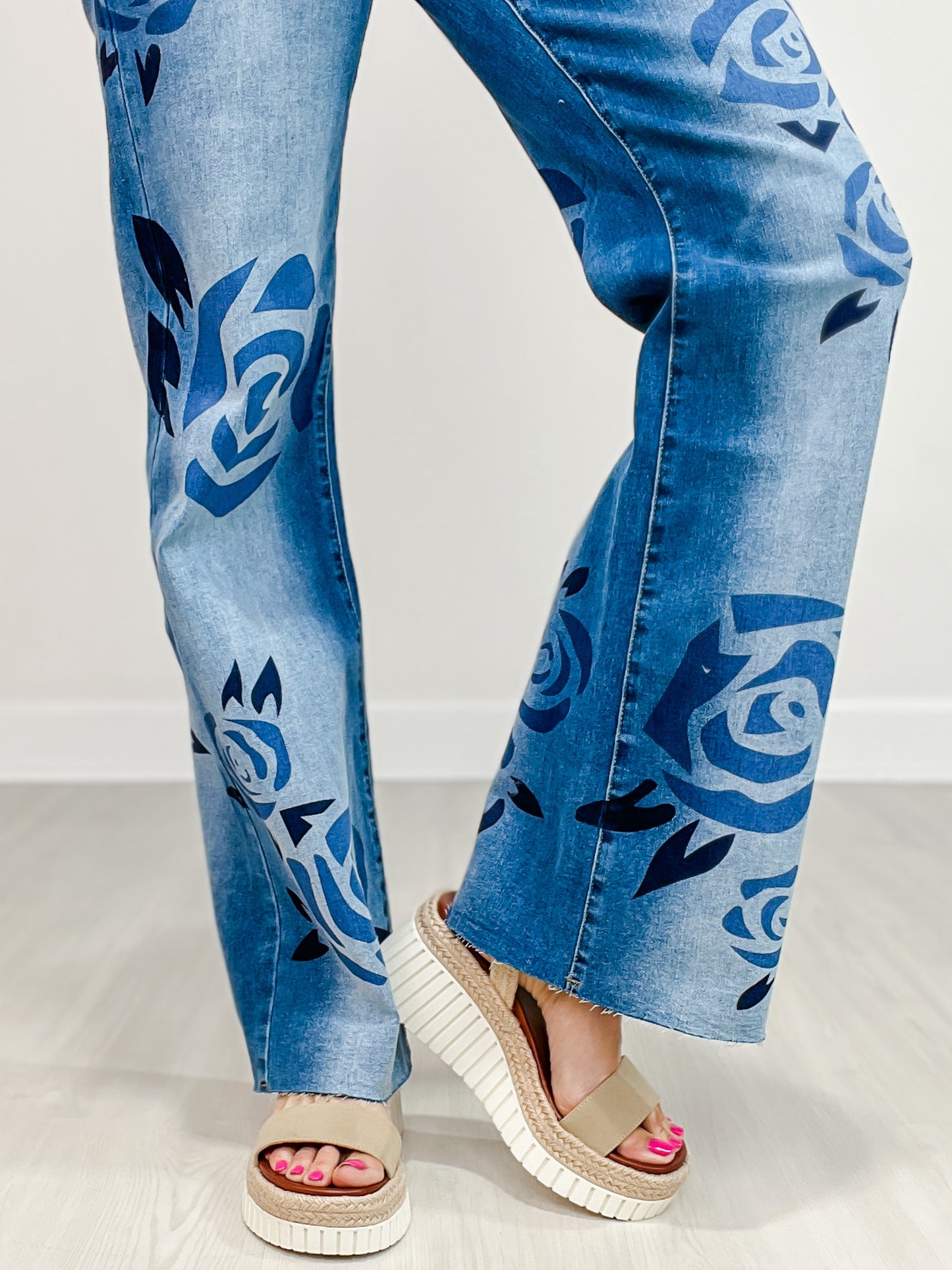 Washed Rose Print Medium Wash Denim Jeans